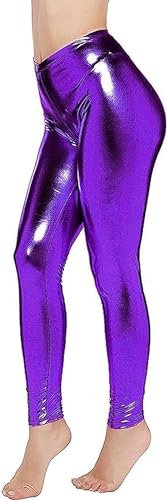 Leggings metálicos brillantes para mujer, pantalones elásticos con cintura líquida y aspecto húmedo para fiesta, discoteca, fantasía (púrpura, S/M)