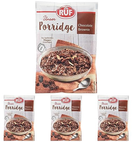 RUF Porridge Chocolate Brownie mit Brownie-Bites und Schokostückchen, purer Brownie Genuss in der Müsli Schale für alle Schokoholics, 1 x 65g Beutel (Packung mit 4)