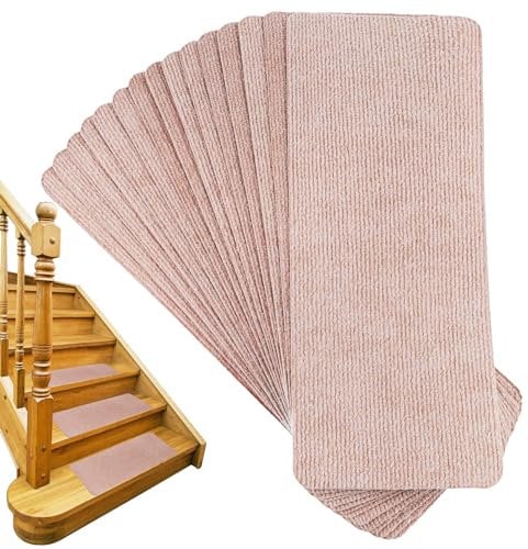FONDOTIN Non-slip Stair Treads Peel and Stick Tpr Mats for Indoor Use 15 Pieces 55cm x 20cm Beige Anti-skid Carpet Treads for Wood and Carpeted Stairs for Home