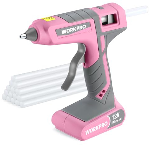 WORKPRO Full Size Cordless Hot Melt Glue Gun - 12V Rechargeable Fast Preheating Glue Gun Kit with 15pcs Full Size Glue Sticks, Auto Power-off Glue Gun for DIY Project, Art, Craft - Pink Ribbon