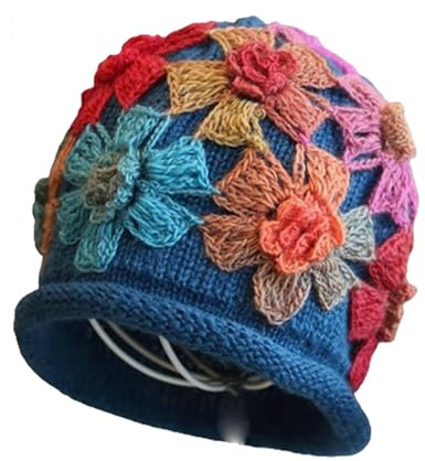 Cappello in pile lavorato a maglia fatto a mano con fiori colorati sfumati, Cappello da donna all'uncinetto lavorato a maglia a fiori, caldo antivento (peacock blue,One Size)