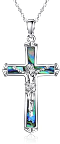 POPLYKE 925 Sterling Silber Kruzifix Kette Damen Jesus Anhänger Abalone Kreuz Schmuck Christian 18+2 Zoll