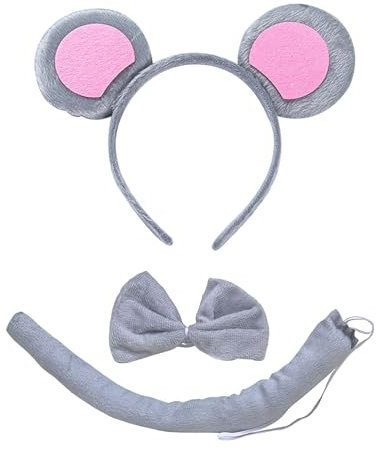 Waibejon Mouse Ears Headband, Women Animal Bow Tie Tail Set, for Halloween Party Cosplay Masquerades, Grey Animal Costume Accessories