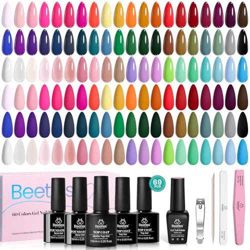 Beetles Gel Nagellack, 70-teiliges Gel Polish Set – 60 Farben Gellack Set nit Basislack glänzend matt Decklack Rot Schwarz Nude Weiß Geschenke für alle Jahreszeiten für Frauen
