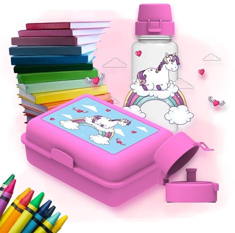 elasto PROMOTION FOR LIFE Schulset 'Kids' - Trinkflasche & Brotdose für Kinder - Auslaufsichere Wasserflasche mit Motiv - Lunchbox mit Fächern für Schule & Kindergarten, Farbe:pink/transparent