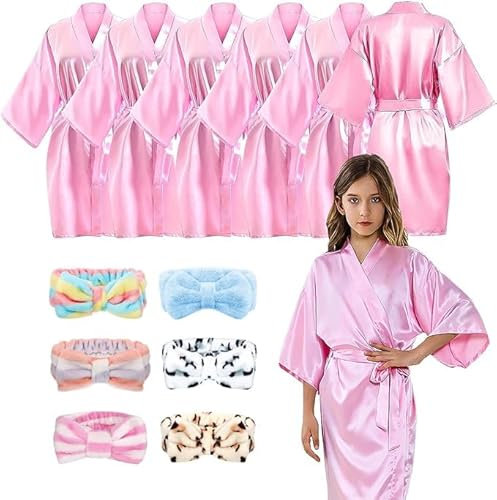 MSYU Lot de 12 peignoirs kimono en satin rose avec bandeaux de soins de la peau pour salon, mariage, fête d'anniversaire – Taille étiquette 10, rose, 140