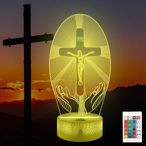 Okayera 3D Jesus Kreuz Lampe, Kreuzen LED 16 Farbwechsel Fernbedienung & Timer & Dimmbar - Religiöses Nachtlicht als Geschenk zu Kommunion Geburtstag für Mama Frauen Männer