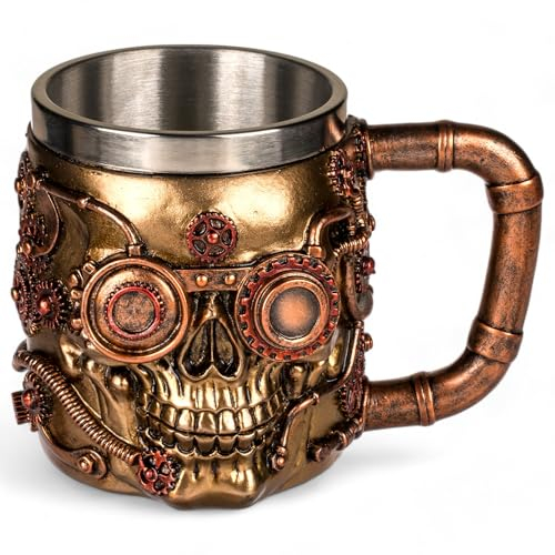 MIJOMA Bierkrug mit 3D-Totenkopf Steampunk Skull – Stilvoller Henkelbecher aus Kunststein mit Edelstahleinsatz, 400ml (Victor)