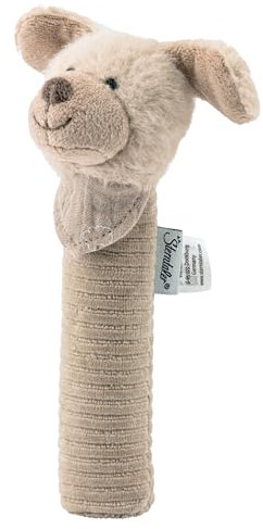 Sterntaler Baby Quietsche Hund Lucky - Baby Spielzeug aus weichem Flauschmaterial mit Cord - Greifspielzeug für Babys - Erste Versuche im Greifen und Spielen, graubeige