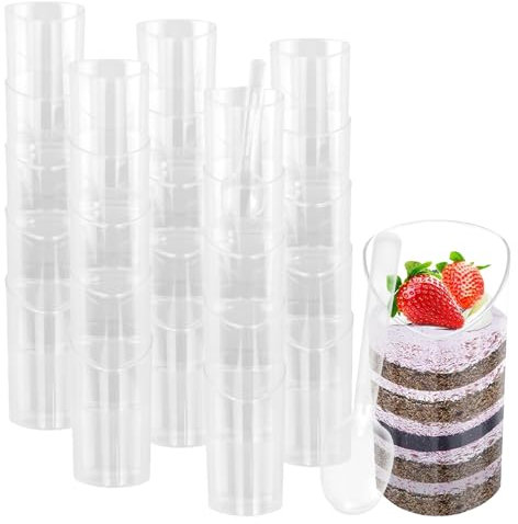 LIUCONGBD Pack of 50 Plastic Dessert Cups with Spoons, 80ml Mini Reusable Dessert Bowls, Clear Appetizers Serving Cheesecake Pots for Jelly Yogurt Mousse Pudding Trifles Party Supplies