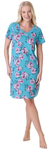 Camille Womens Nightdresses Smooth Soft 100% Cotton - Short Sleeved Breathable & Lightweight Summer Nighties - Green Rose - 14-16