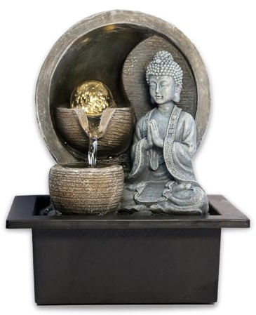 Zen Buddha Indoor Table Fountain with Rolling Crystal Ball and LED Light, 3-Tier Waterfall for Home Decor, Meditation Altar, and Spiritual Spaces, Relaxing Water Feature, 21x17.5x26 cm