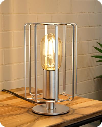 EDISHINE Table Lamp, E27 Socket & LED Bulb Included, 21.5CM, 2400K Bedside Lamp with Nickel Cylindrical Flat Iron Cage Lampshade for Bedroom, Living Room
