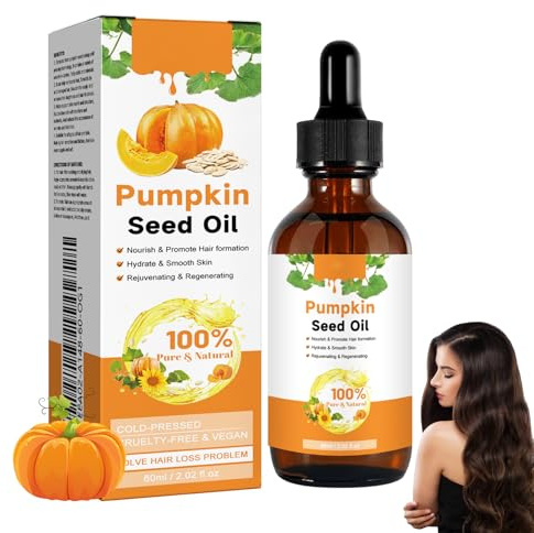 Pumpkin Seed Oil, Kürbiskernöl für Haar/Kopfhaut/Haut, 100% Bio-Kürbiskern Haaröl für Hydratisierung & Reparatur von Trockenem, Geschädigtem Haar, Stimuliert Haarwachstum & gegen Haarausfall (60ml)