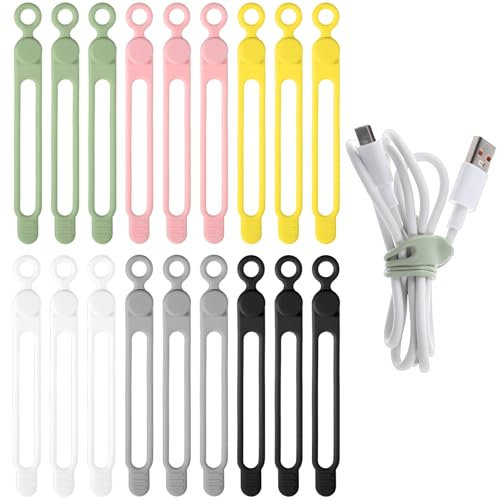 JJUNW 18Pcs Silicone Cable Ties, Reusable Cable Ties Wire Organizer, Multipurpose Elastic Cord Organizer for Bundling Earphone, Phone Charger, Computer Cords(6 Colors)