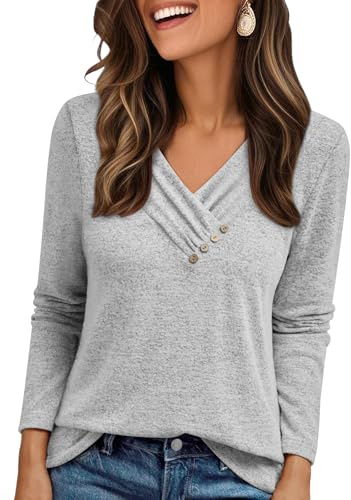 Cuptacc Jumpers for Women UK Fall Winter Warm V Neck Decorative Button Long Sleeve Tops Ladies Loose Casual Soild Elrgant Thick Jumper Light Grey L