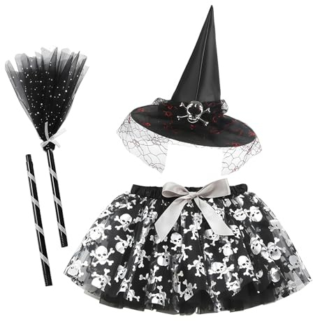 SKIPTHYBER Kids Witch Costume Set 3PCS Halloween Black Tutu Skirt, Witch Hat, Broom Cosplay Party Outfit Magic Themed Party Costume Accessories for Halloween Carnival Cosplay 105-115CM