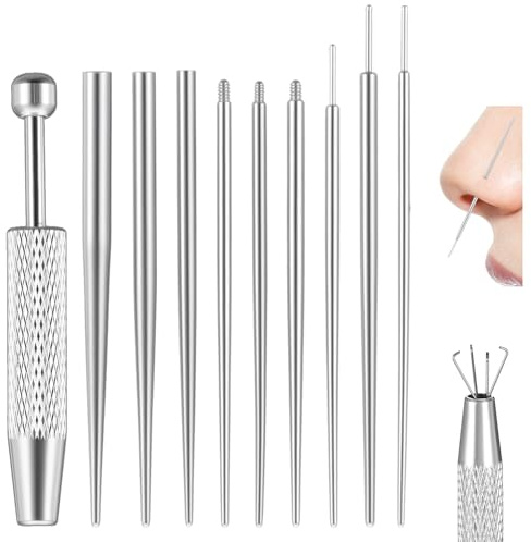 Wanmu 10Pcs Piercing Taper Ball Grabber Tool for Changing Jewelry, Stainless Steel Flat Back Earrings Applicator with Threadless/Internal thread/External Thread Insertion Pins for Ear Nose Lip Navel