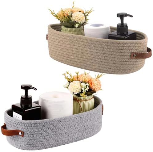 LWLWA Körbe Geflochten, Aufbewahrungskörbe 28 x 10 x 10 cm, 2 Stück | Geflochtene Körbe Mit Griff, Aufbewahrung Korb in Grau und Khaki, für Schlafzimmer, Schminktische und Wohnzimmer