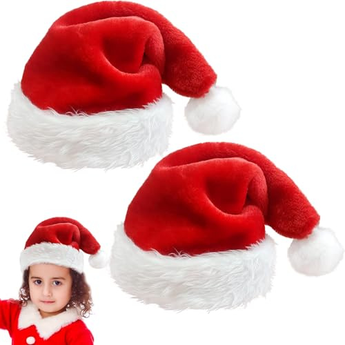 MORAINJAY 2 Pack Weihnachtsmannmützen für Kinder Klassische Unisex Weihnachtsmützen aus weichem Plüschfell Dicke Weihnachtsmütze für Weihnachten Neujahr&Feiertags Mottopartys 6-9 Jaher