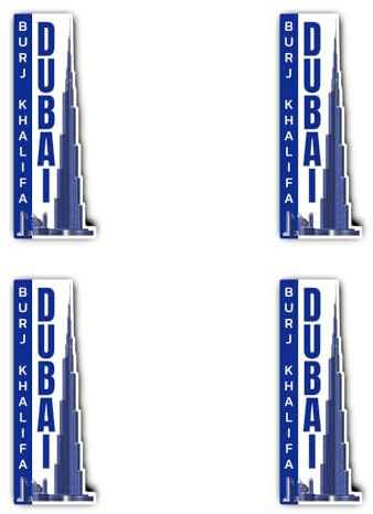 Aufkleber: 75 mm, 4 Stück - Reiseaufkleber Set 4x – Dubai Burj Khalifa Vinyl – 75 mm 7,5 cm – wasserfest UV‑beständig