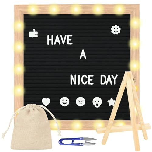 Beleuchtete Filz-Buchstabentafel, 25,4 x 25,4 cm, schwarz, austauschbares Nachrichtenschild mit warmen LED-Lichtern und 340 Buchstaben, quadratisches Menübrett mit Holzständer, für Menüs