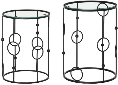 HOMCOM Mesa de centro redonda Juego de 2, Mesas auxiliares nido con tapa de cristal templado y estructura de acero para salón, Negro