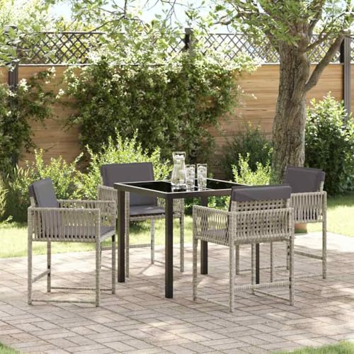 Holamys Garten Essgruppe 5-teilig, Hellgrau Poly-Rattan, Langlebiges Outdoor Möbelset für Terrasse und Balkon, Moderne Sitzgruppe mit Glastisch