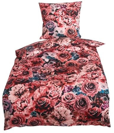 Traumschlaf Mako-Satin Bettwäsche Blütenpoesie – florales Rosen Design in Rot & Rosé - aus 100% Baumwolle, weich & anschmiegsam - 135x200 cm + 80x80 cm