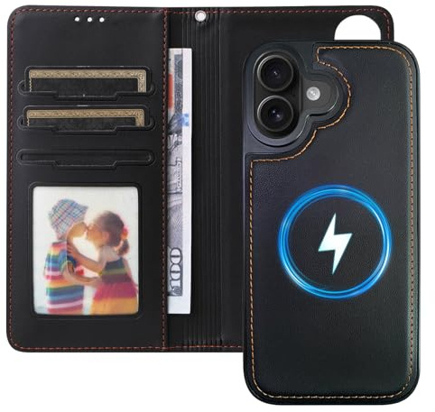 AoozeFon Handyhülle für iPhone 17 Hülle, MagSafe Kompatibel Magnetische Klapphülle, Abnehmbare 2-in-1 360° Stoßfeste Flip Case Schutzhülle mit Kabelloses Laden & RFID-Blocker & Kartenfach, Schwarz