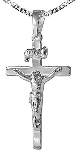 CLEVER SCHMUCK Halskette mit Jesuskreuz Anhänger 5 mm INRI flache Form glänzend Kette Panzer 45 cm STERLING SILBER 925 im Schmucketui