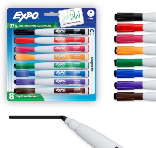 EXPO Magnetic Dry Erase Markers with Eraser Fine Tip, Assorted Colors, 8 Count - Classroom White Board, Teacher Supplies, School Locker