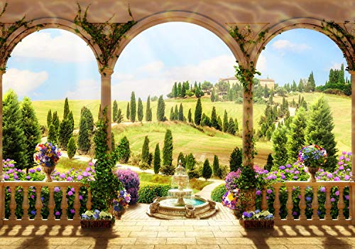 wandmotiv24 Fototapete Mediterraner Garten, XL 350 x 245 cm - 7 Teile, Wanddeko, Wandbild, Wandtapete, Blume,Terrasse, Balkon M1239