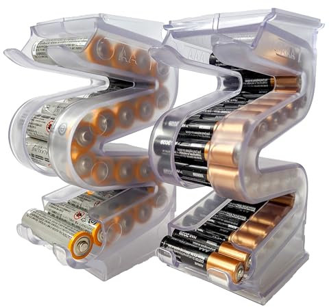 Kalinar Battery Ladder Organizer Case for AA & AAA Batteries - Stackable or Mounted Vertical Storage Battery Dispenser for Home, Garage, & Workshop (2 -Pack, Holds 20 AA & 28 AAA Batteries)