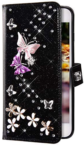 Uposao Kompatibel mit Samsung Galaxy A5 2016 Hülle Leder Schutzhülle Glitzer Bling Strass Diamant Schmetterling Blumen Flip Wallet Leder Tasche Case Handyhülle Lederhülle Klapphülle,Schwarz