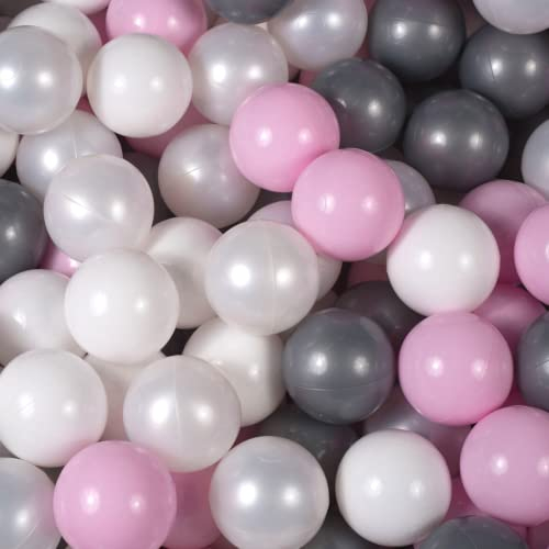 MEOWBABY 200 Bolas Certificadas ∅ 7Cm para Niños - Baño de Colores, Piscina de Plástico Fabricadas en EU - Rosa Pastel/Blanco/Blanco Perla/Plata