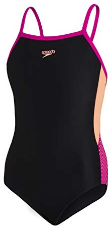 Speedo Mädchen Girls Dive Thinstrap Muscleback Badeanzug, Schwarz/Neon Fire/Electric Rosa, 9-10 Jahre