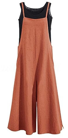 YESNO Women's Ladies Dungarees Summer Casual Wide Leg Overalls Cotton Baggy Jumpsuits with Pockets S PZZTYP2UK RUST