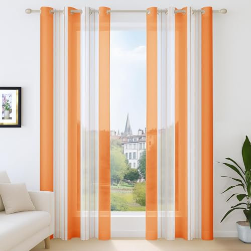 Deconovo Ösenschals in Leinenoptik, Vorhänge Durchsichtig Nadelstreifen, Stores Gardinen Schlafzimmer Halbtransparent, 229x140 cm(HöhexBreite), Orange, 2er Set