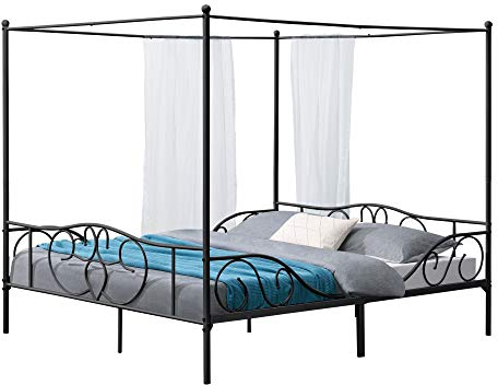 [en.casa] Himmelbett Finström 180x200cm Metall Bettrahmen mit Lattenrost Jugendbett Bettgestell Schwarz