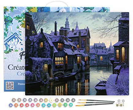 Figured'Art Peinture par Numéro Adulte avec Cadre Canaux au crepuscule - Activité Manuelle Kit de Loisir Créatif DIY Numéro d'Art Complet - 40x50cm toile tendue sur châssis