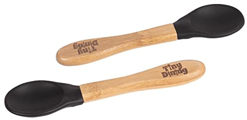 Tiny Dining x2 Children's Bamboo Soft Tip Silicone Spoons - Great for Baby Toddler Weaning - Eco Friendly Kids Dinner Dessert Cereal Spoon - Black