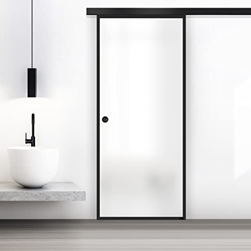 BOSS Black Puerta corredera del vidrio modelo CONFORT 80x215 cm (60/80/90 cm) Vidrio Satinado de 8 mm, patron arenado nanotratamiento Negra, kit completo de herrajes (80x215 cm, DERECHA)