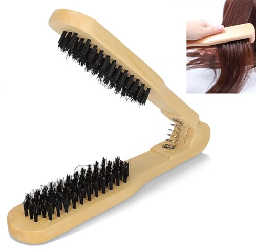 Agatige Double Sided Bristle Hair Brush, Wooden Boar Bristles Anti Static Hair Straightening Brush Clamp Comb Styling Tool for Smoothing and Straight Hair Styles
