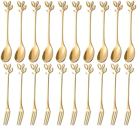 Pvczool Set di forchette da dessert, 20 pezzi, forchetta per torta da 4,7 pollici, cucchiaino da caffè, o forchetta per frutta a foglia (10 cucchiai+10 forchette)
