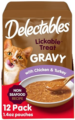 Delectables Lickable Treat Gravy Non-Seafood Wet Cat Treat with Real Chicken & Turkey, Food Topper, Hydrating, Grain-Free, No Fillers, By-Products, Added Preservatives, 1.4oz Pouch, 12ct