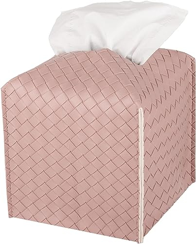 Taschentuchbox-Abdeckung, Jeethemy, quadratische Taschentuchbox-Halter für schwarzes PU-Leder mit geflochtenem Muster, kann sowohl zu Hause als auch im Freien verwendet werden, einzelnes weiches Rosa