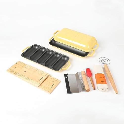 HAWOK Enameled Cast Iron French Baguette Baker, Hot Dog Bake Tray, Baguette Pan, 1 Lid-2 Baking Trays-2 Baguette Transfer Boards-1 Proofing Cloth-1 Silicone Brush-1 Dough Whisk-1 Dough Chopper, Yellow
