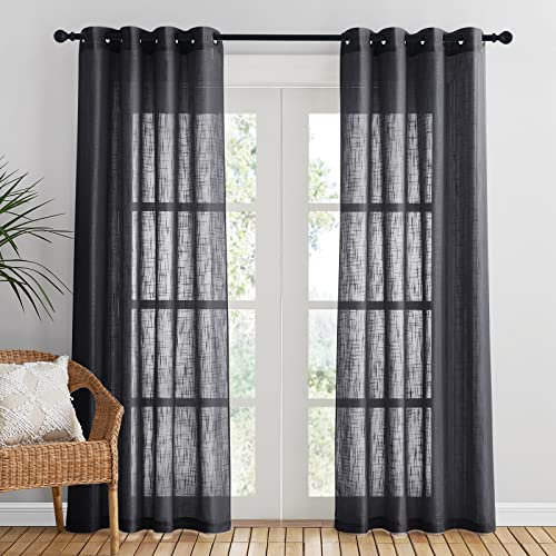PONY DANCE Black Net Curtains for Bedroom - 84 Inch Drop Pair Voile Curtains Eyelet Top for Bedroom/Living Room/French Door, Semi Transparent Window Treatment Sheer Panels, Set of 2, 52 x 84 Inches