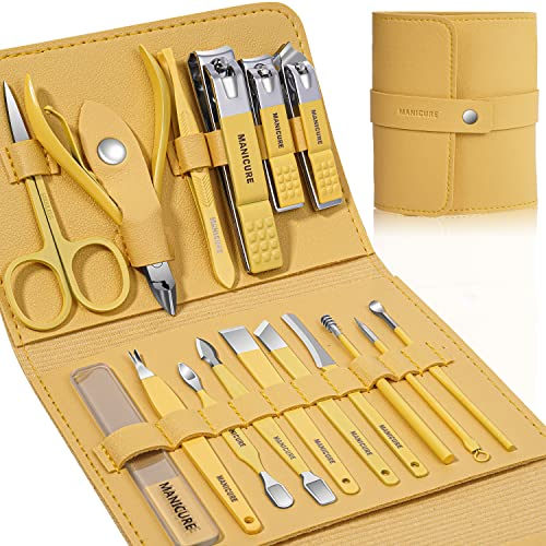 Leipple Set Manicure 16 pcs Set Tagliaunghie Kit Pedicure in Acciaio Inox, Kit Toelettatura Professionale con Custodia in Pelle Portatile, per le Donne Uomini Regalo Unghie (Giallo)